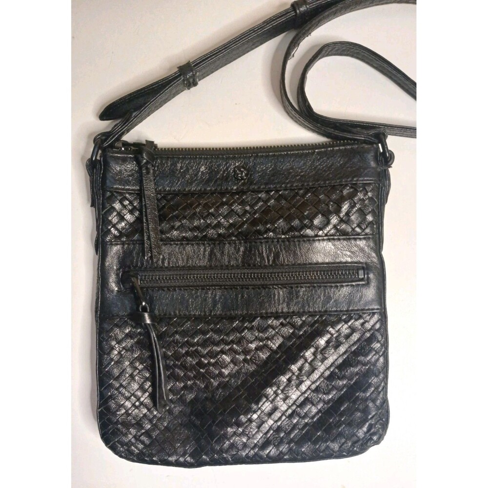 Elliot Lucca Crossbody Black Woven Leather Adjustable Strap Versatile Staple